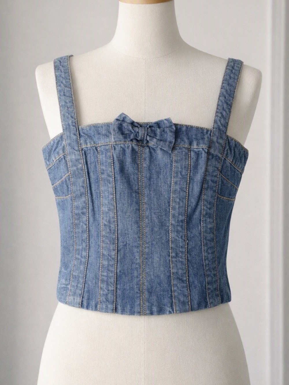 Marc Jacobs Blue Denim Bustier Crop Top Bow Coquette Feminine 10